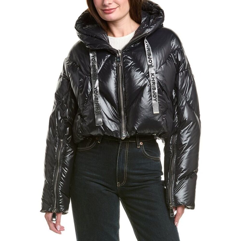 Black Cropped Ski Puffer Jacket with Hood